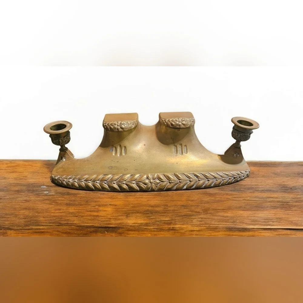 Vintage Brass Double Inkwell with Candle Holders